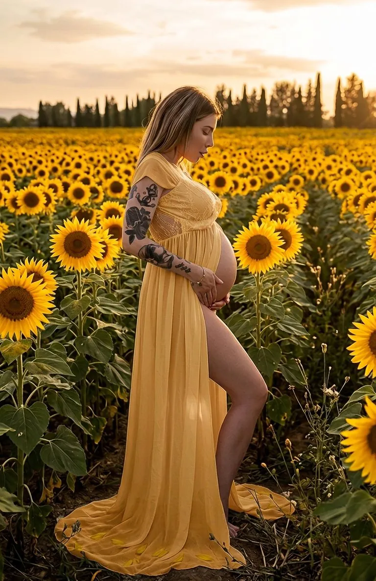 Donna incinta in abito giallo tra i girasoli