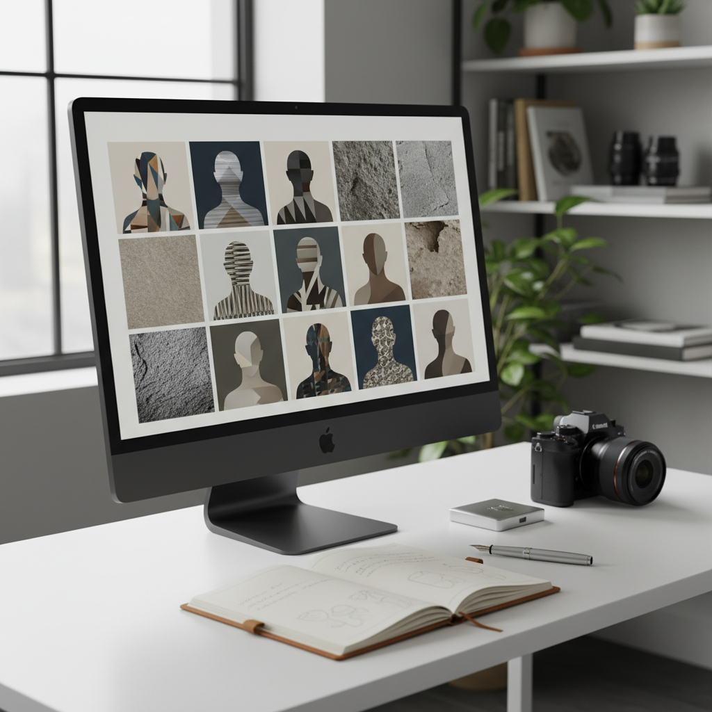 A sleek, modern computer monitor on a minimalist white desk displays a gridded portfolio layout of abstract portrait silhouettes and close-up textures, all carefully stylized to avoid any real human representation. Beside the monitor lies a mirrorless camera, a memory card case, and a leather-bound notebook with a pen, suggesting a working photographer planning sessions. Soft, diffused daylight from a large window creates even, natural illumination with faint reflections on the screen. Shot from a three-quarter angle with the monitor framed on the rule of thirds, the background fades into a gentle blur of studio shelving. The mood is organized, professional, and quietly creative, conveying a polished online portfolio experience in clean photographic realism.